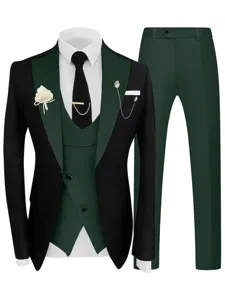Détail de costume 3 pièces pour homme avec veste à revers contrasté, gilet et cravate chic.