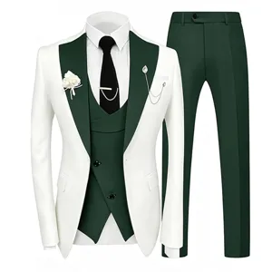 Detailed view of elegant men 3 piece formal suit set with white jacket and dark green vest.