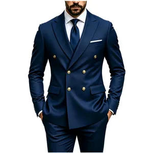 Men slim fit navy blue double breasted suit detail with elegant gold metal buttons.