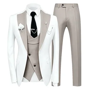 Men elegant 3 piece suit white jacket grey vest pants wedding business formal tuxedo outfit