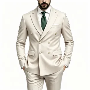 Men's double-breasted beige suit two-piece set slim fit business casual blazer with gold buttons
