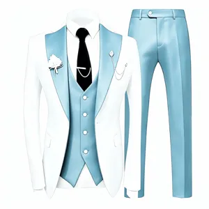 Men's 3-piece suit set white blazer blue vest pants formal wedding prom business outfit