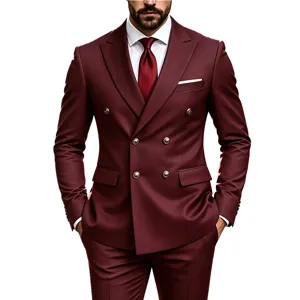 Men's double-breasted burgundy suit set slim fit business wedding groomsmen blazer