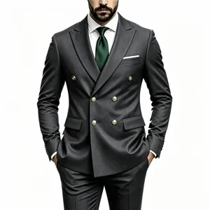 Close-up of a dark double-breasted suit jacket with gold buttons, white shirt and green tie.