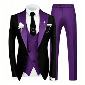 Costume 3 pièces homme veste noire gilet violet pantalon mariage marié formel set