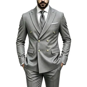 Men's grey double-breasted suit set, featuring classic blazer and trousers detail.