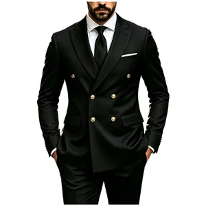 Detailed view of a classic black double-breasted men suit featuring elegant gold buttons.