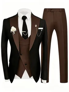 Ensemble costume 3 pièces homme vue détaillée, blazer gilet pantalon formel noir marron.