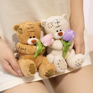 Cute couple patch teddy bear plush toy holding tulip flower soft stuffed doll lovely gift