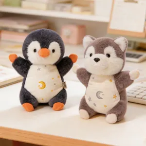Cute plush penguin and dog toys with cute moon star embroidery, soft bean bag stuffed dolls.