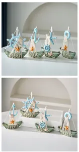 Mediterranean style vintage wooden sailboat miniature set, desktop nautical home decor ornament