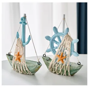 Mediterranean style wooden sailboat model ornament desktop decor vintage home decor.