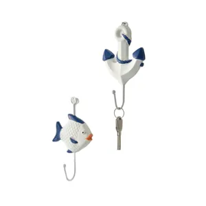 Ganchos de pared náuticos mediterráneos, ancla azul y blanca y pez para decoración del hogar.