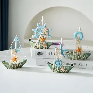 Mediterranean style vintage wooden sailboat model miniature desktop ornament home decoration