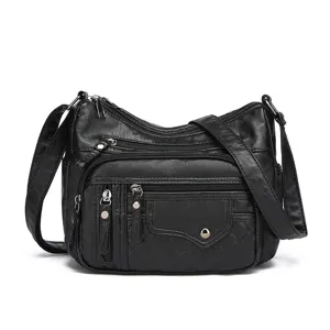 Dames zwarte PU leer multi-zakken schoudertas casual grote crossbody tas handtas.