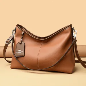 Bruine zachte leer dames schoudertas crossbody, grote capaciteit minimalistische handtas.