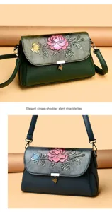 Elegante Damen Umhängetasche mit geprägtem Blumenmuster und modischem Retro-Design.