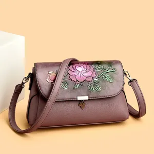 Elegante Damen Umhängetasche geprägte Pfingstrose Leder Handtasche für Alltag Mode