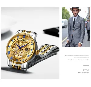 Details of OLIKA men skeleton automatic mechanical watch with two-tone steel bracelet.
