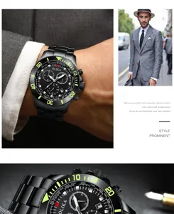 Men's stainless steel chronograph watch with black dial and neon green markers.