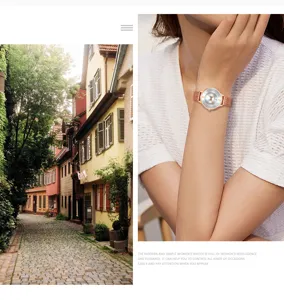Rose gold women quartz watch with mesh strap and sparkling stone dial for elegant daily wear.