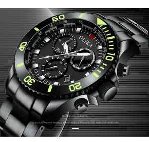 Men stainless steel quartz watch with black dial green bezel chronograph and date display