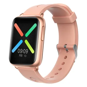 Bluetooth smart watch with rose gold case, pink silicone strap, touchscreen and fitness tracker.