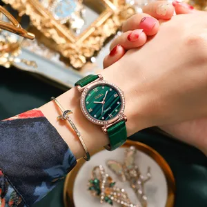 Green dial women quartz watch with rhinestones bezel, elegant fashion wrist watch for ladies.