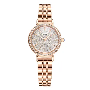 Elegante orologio da donna al quarzo con cinturino in acciaio oro rosa e strass brillanti.