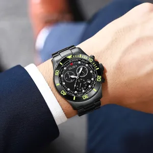 Men black stainless steel quartz watch with chronograph dial and luminous markers.