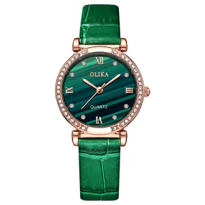 Women quartz watch with green malachite dial rose gold crystal bezel leather strap stylish
