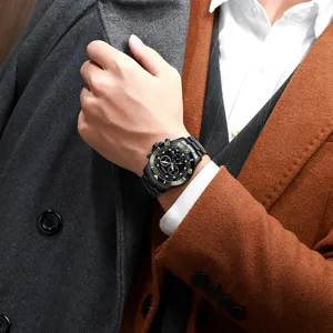 Men's black stainless steel watch with chronograph sub-dials and green accents main image.