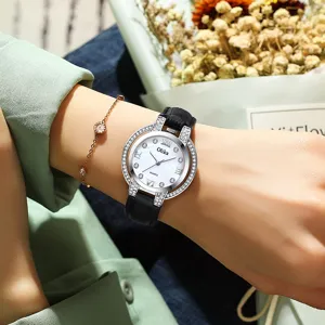 Olika women rhinestone quartz watch with black leather strap and white dial main product view