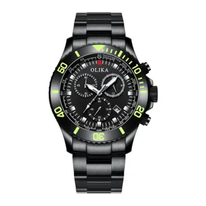 OLIKA men's black stainless steel chronograph watch with green bezel markers and date display.