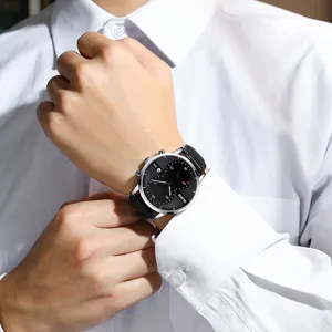 Stylish men quartz watch with black dial and leather strap, waterproof casual timepiece.