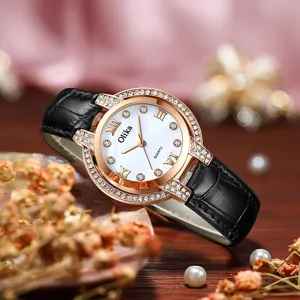 Olika womens quartz watch with diamond bezel black leather strap elegant wristwatch main