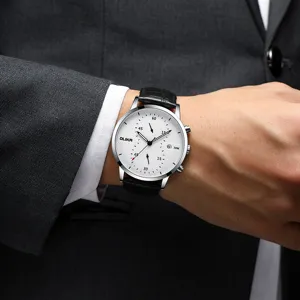 Men casual large dial quartz watch with calendar and leather strap waterproof