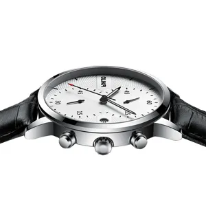 Men's quartz watch with large silver dial, calendar display, and black leather strap for business.