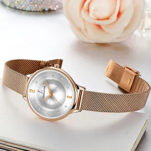 Rose gold mesh strap women quartz watch with rhinestones, elegant fashion wrist watch.