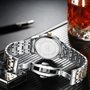 Classic business men quartz watch with stainless steel strap and dual tone design.