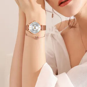 Elegant rose gold women quartz watch with mesh stainless steel strap and sparkling dial.