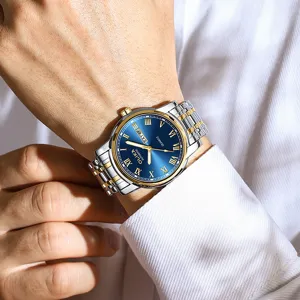 Classic business men quartz watch with blue dial, stainless steel two-tone strap and calendar.