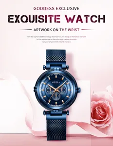 Women quartz watch blue dial magnetic mesh strap fashion casual waterproof timepiece