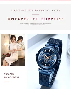Detailed view of women quartz watch with magnetic Milanese strap and stylish wire outer ring.