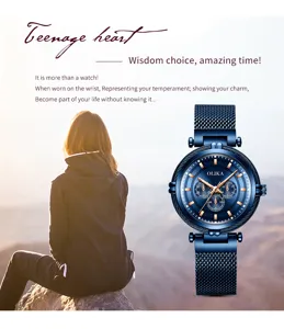 Women quartz watch blue dial mesh strap fashion casual waterproof analog wristwatch