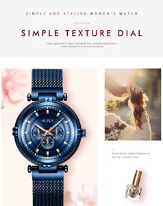 Fashion women quartz watch with blue dial, metallic mesh strap and elegant design.