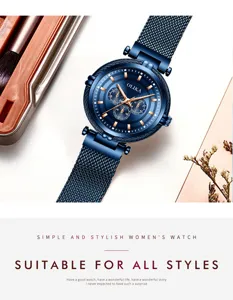 Close-up detail of luxury women quartz watch with blue dial, elegant magnetic mesh strap.