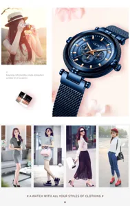 Detailed view of women quartz watch featuring blue dial and magnetic mesh strap design.