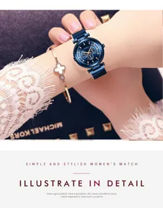 Fashion women quartz watch with blue dial and magnetic mesh strap for daily wear details