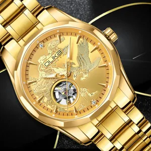 Gold automatic mechanical watch for men, hollow skeleton dial, luxury business wristwatch.
